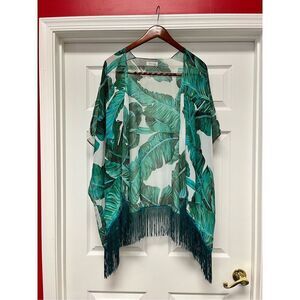 Soul Young Green Fern Print Fringed Kimono O/S